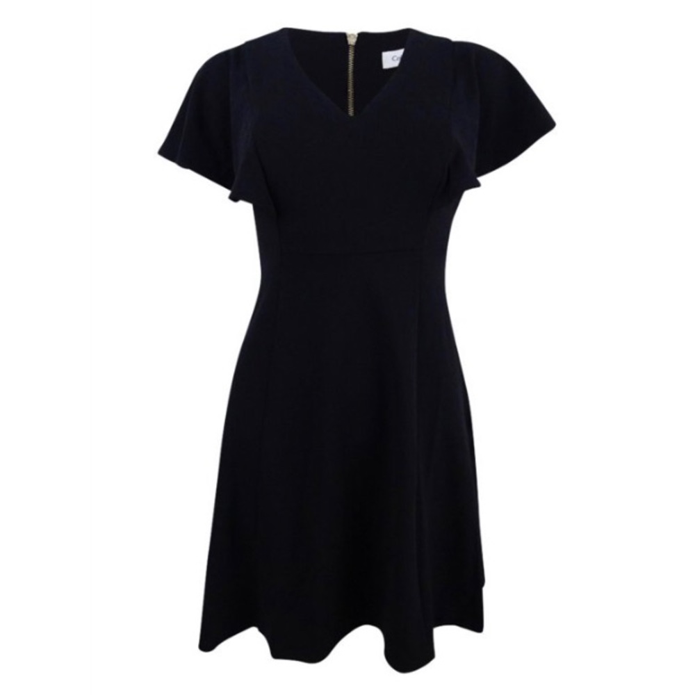 NWT Calvin Klein black a-line dress, flutter sleeves, gold back zipper, 4P